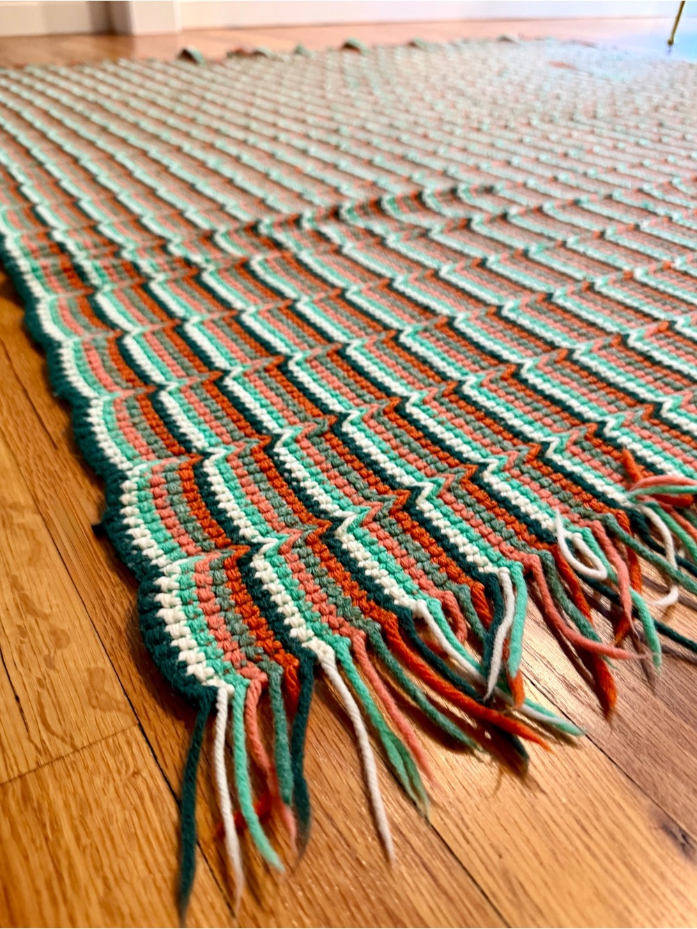 70s Vintage Handmade Crochet Flame Stitch Chevron Afghan Throw Blanket Fringe